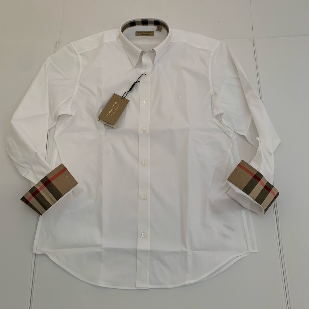 BURBERRY London England Check Detail Stretch Cotton Shirt White 39911591 Mens L